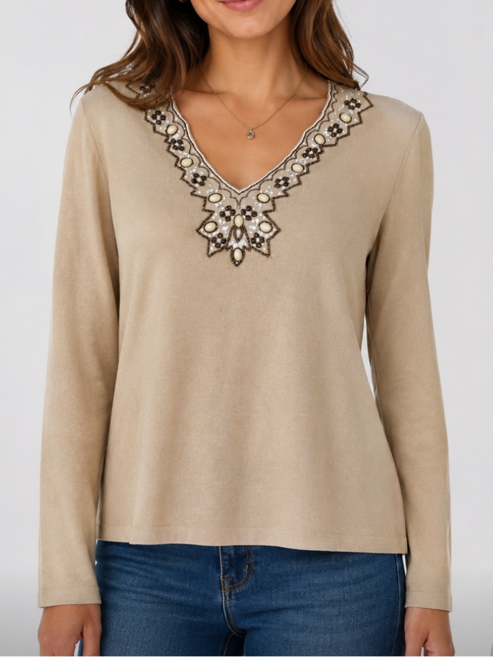 J McLaughlin beige beaded sequin embellished v neck pullover sweater sz m